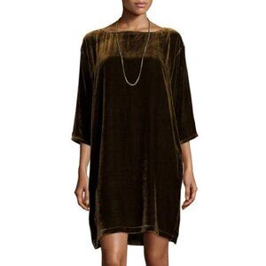 Eileen Fisher Velvet Shift Dress In Serpentine Green Bateau Neck 3/4 Sleeve XL